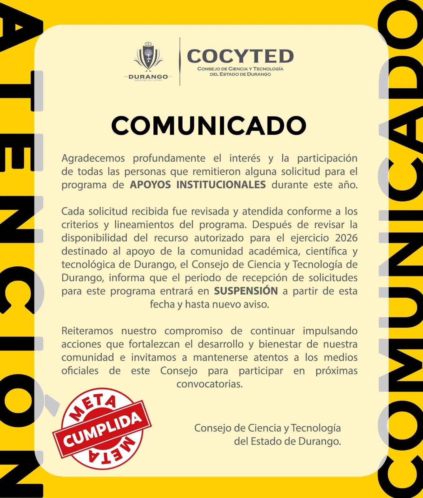 Comunicado oficial sobre la suspensión de recepción de solicitudes de apoyos institucionales 2026